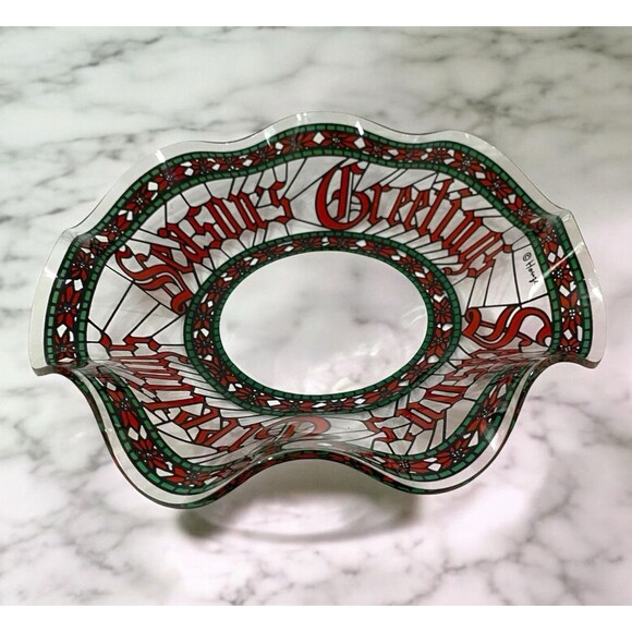VTG Christmas Retro Vintage Houze SEASONS GREETINGS Ruffled Candy Dish Green Red - Picture 1 of 6